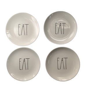 RAE DUNN “EAT” Ceramic Round Appetizer Plates White Black Letters Set of 4